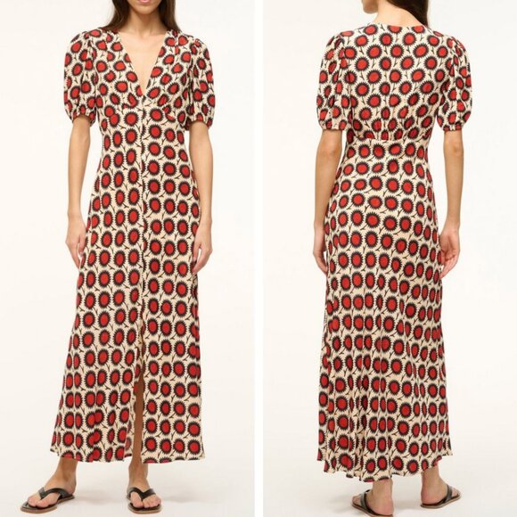 NWT STAUD Vaughn Midi Dress Sz2 Sunflower Floral Red Cream Black French Wedding - Picture 1 of 10